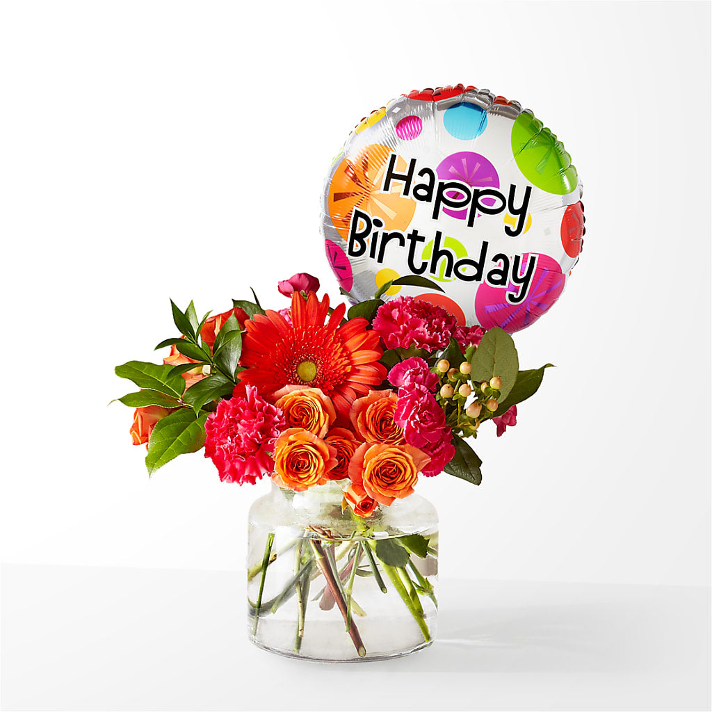 Fiesta Bouquet with Birthday Balloon – Secret Garden By Leo, Chicago IL