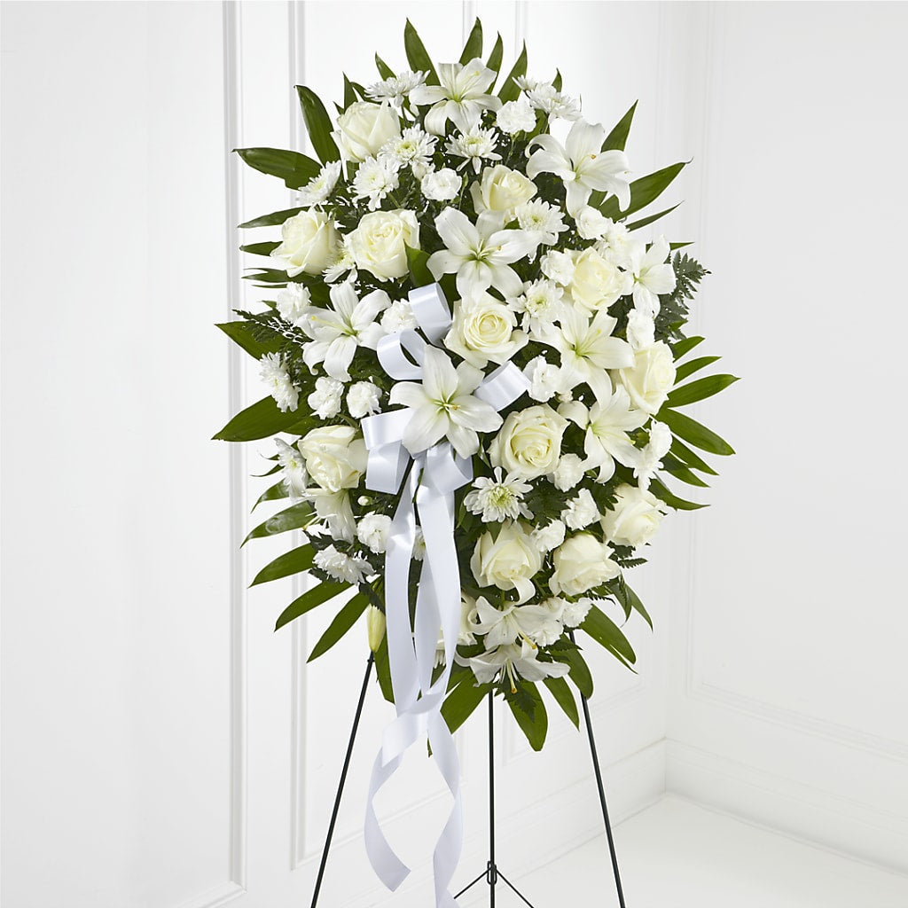 Exquisite Tribute Standing Spray-White Ribbon – Secret Garden By Leo, Chicago IL