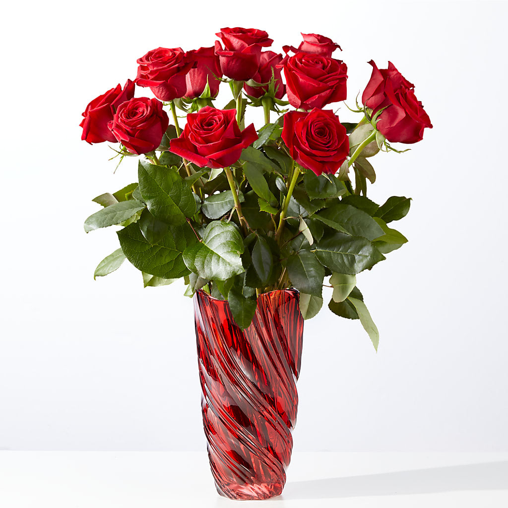 Classic Love Red Rose Bouquet with Luxe Swirl Vase – Secret Garden By Leo, Chicago IL