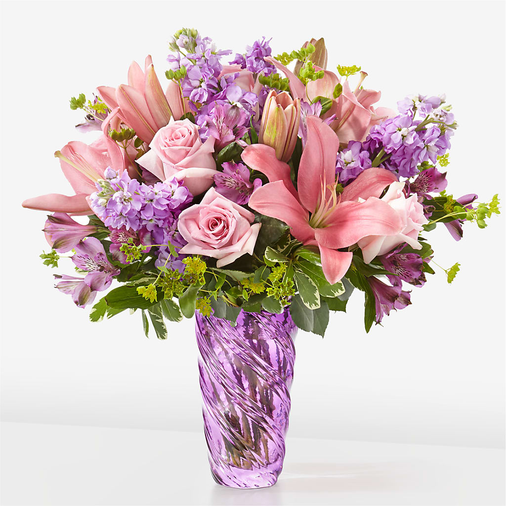 Precious Petals Bouquet with Luxe Swirl Vase – Secret Garden By Leo, Chicago IL