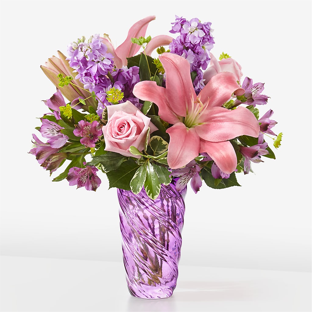 Precious Petals Bouquet with Luxe Swirl Vase – Secret Garden By Leo, Chicago IL