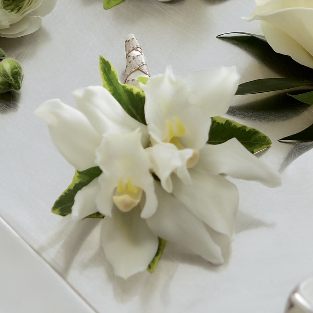 White Mini Cymbidium Boutonniere – Secret Garden By Leo, Chicago IL